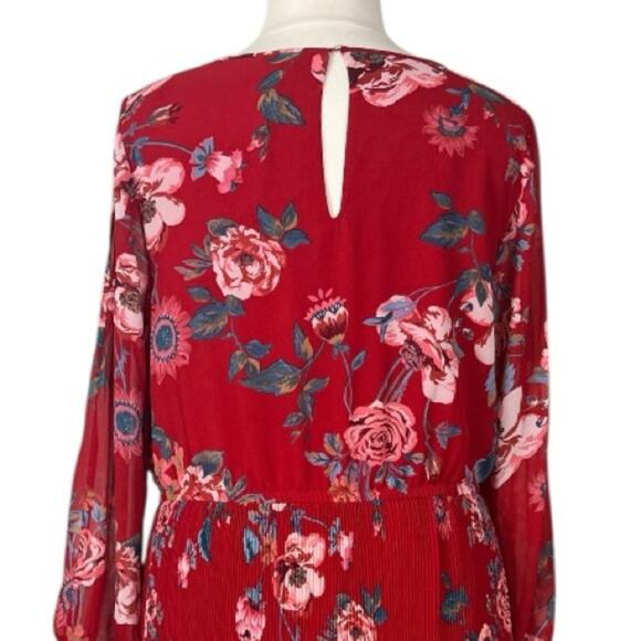 Ava & Viv Midi Dress Pleated Long Sleeves Red Multi Floral Women’s Size 1X - Picture 10 of 14